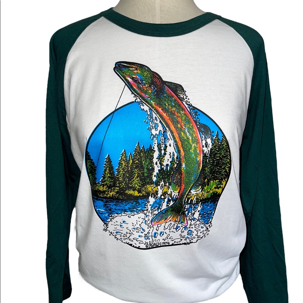1974 Vintage Neon Fish Splash Raglan Tee | Size Large